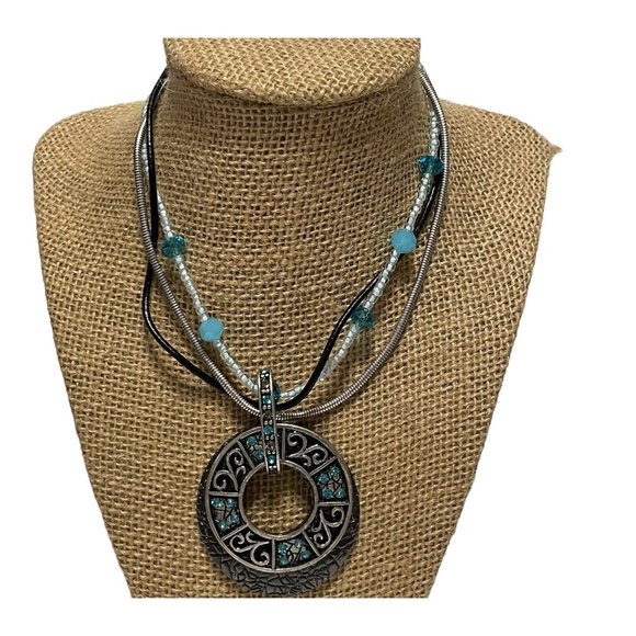 NWT 15” Laura ashley mixed media necklace beaded statement multistrand Blue - Picture 1 of 9